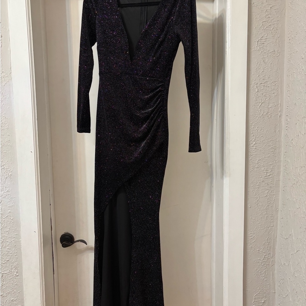 Fashion Nova Black Ruched Long Sleeve Gown